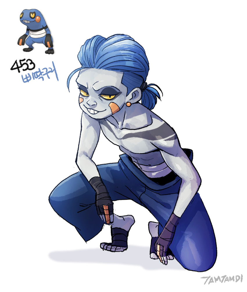 1boy black_gloves blue_hair blue_pants colored_skin creature_and_personification croagunk earrings fingerless_gloves full_body game_freak gen_4_pokemon gloves grey_skin grin highres jewelry long_hair looking_at_viewer male_focus nintendo pants personification pokemon pokemon_(creature) ponytail reference_inset smile squatting tamtamdi toenails translated white_background yellow_eyes