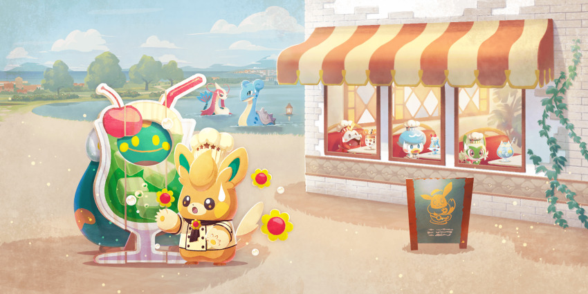 :o artist_request awning beach bellibolt blue_sky blush blush_stickers chef_hat cherry closed_mouth clothed_pokemon cloud fangs flower food fruit fuecoco fuecoco_(friendly_chef) gen_1_pokemon gen_3_pokemon hat highres ivy lapras milotic nintendo no_humans official_art open_mouth pawmo pawmo_(retro_chef) pokemon pokemon_(creature) pokemon_cafe_remix pokemon_focus quaxly quaxly_(friendly_chef) sand shirt sky smile sprigatito sprigatito_(friendly_chef) star_(symbol) starter_pokemon_trio sweatdrop third-party_source tree water white_hat white_shirt yellow_flower