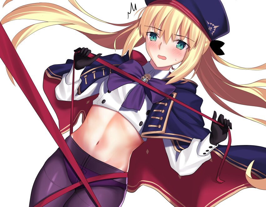 1girl absurdres artoria_caster_(fate) artoria_caster_(second_ascension)_(fate) artoria_pendragon_(fate) black_gloves black_pantyhose blonde_hair blue_cape blue_hat blush cape fate/grand_order fate_(series) gloves green_eyes hat highres longdq3008 looking_at_viewer navel open_mouth panties pantyhose red_cape red_ribbon ribbon solo twintails underwear