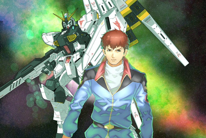 1boy amuro_ray anaheim_electronics aqua_eyes beam_rifle belt brown_eyes brown_hair char&#039;s_counterattack check_commentary commentary_request emblem energy_gun fin_funnels funnels_(gundam) gundam insignia jacket light_particles logo long_sleeves looking_at_viewer male_focus mecha nu_gundam puu_maru robot serious shield short_hair solo standing uniform weapon