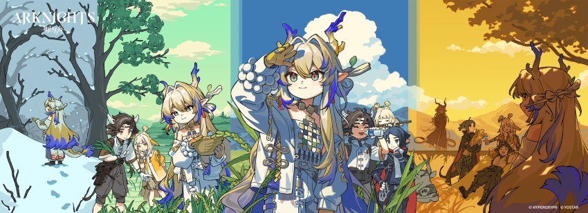 2girls 3boys animal_ears arknights arm_guards arms_behind_back bare_shoulders bare_tree bead_bracelet beads black_cape black_coat black_pants blonde_hair blue_eyes blue_hair blue_pants blue_shirt blue_sky bottle bracelet brown_eyes brown_hair brown_skirt cape capri_pants closed_eyes closed_mouth cloud coat colored_skin commentary company_name copyright_name cow cow_boy cow_ears cow_horns cropped_jacket dragon_boy dragon_girl dragon_horns dragon_tail earrings eastern_dragon_horns eastern_dragon_tail english_commentary faceless faceless_male facing_away favilia feet_out_of_frame field flute footprints full_body gloves grain_buds_(arknights) grass green_eyes green_sky grey_hair grey_pants hair_ornament hair_stick hand_on_own_hip headband high_collar highres holding holding_bottle holding_flute holding_instrument holding_towel holding_wheat horns instrument jacket jewelry leaning_forward long_hair looking_up mountainous_horizon multicolored_hair multiple_boys multiple_girls music necklace off_shoulder official_art open_mouth outdoors pants playing_instrument pointy_ears pouch red_cape second-party_source shading_face shirt short_hair shu_(arknights) skirt sky smile snow strapless tail tassel tassel_earrings towel tree tube_top two-sided_cape two-sided_fabric v wan_qing_(arknights) water_bottle wheat_field white_gloves white_hair white_jacket white_pants white_shirt white_tube_top wiping_face yellow_jacket yellow_skin yellow_sky ji_(arknights) zuo_le_(arknights)