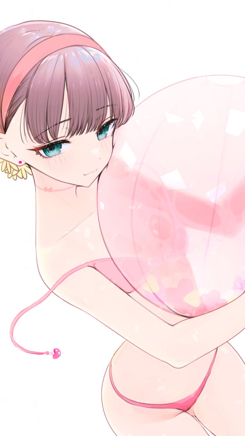 1girl aqua_eyes ball bare_shoulders beachball bikini blunt_bangs breasts brown_hair choker closed_mouth collarbone cowboy_shot dot_nose earrings eyelashes flower forehead hair_flower hair_ornament hairband highres holding holding_ball holding_beachball hugging_object idolmaster idolmaster_cinderella_girls idolmaster_cinderella_girls_starlight_stage jewelry light_blush looking_at_viewer pink_bikini pink_choker red_hairband sakuma_mayu saltylemontea small_breasts solo strap_slip swimsuit