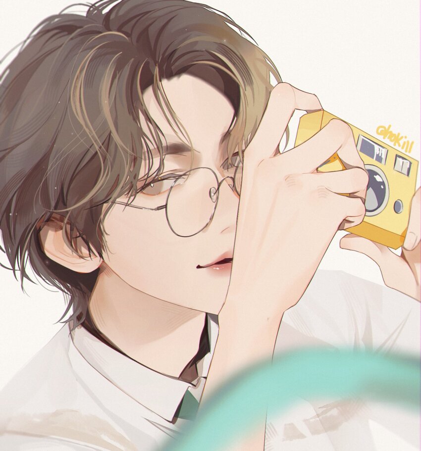 1boy brown_eyes brown_hair camera close-up commentary glasses hashtag-only_commentary highres hoki11 holding holding_camera joshua_(seventeen) k-pop light_smile looking_at_viewer male_focus real_life seventeen_(group) short_hair simple_background solo symbol-only_commentary twitter_username upper_body white_background
