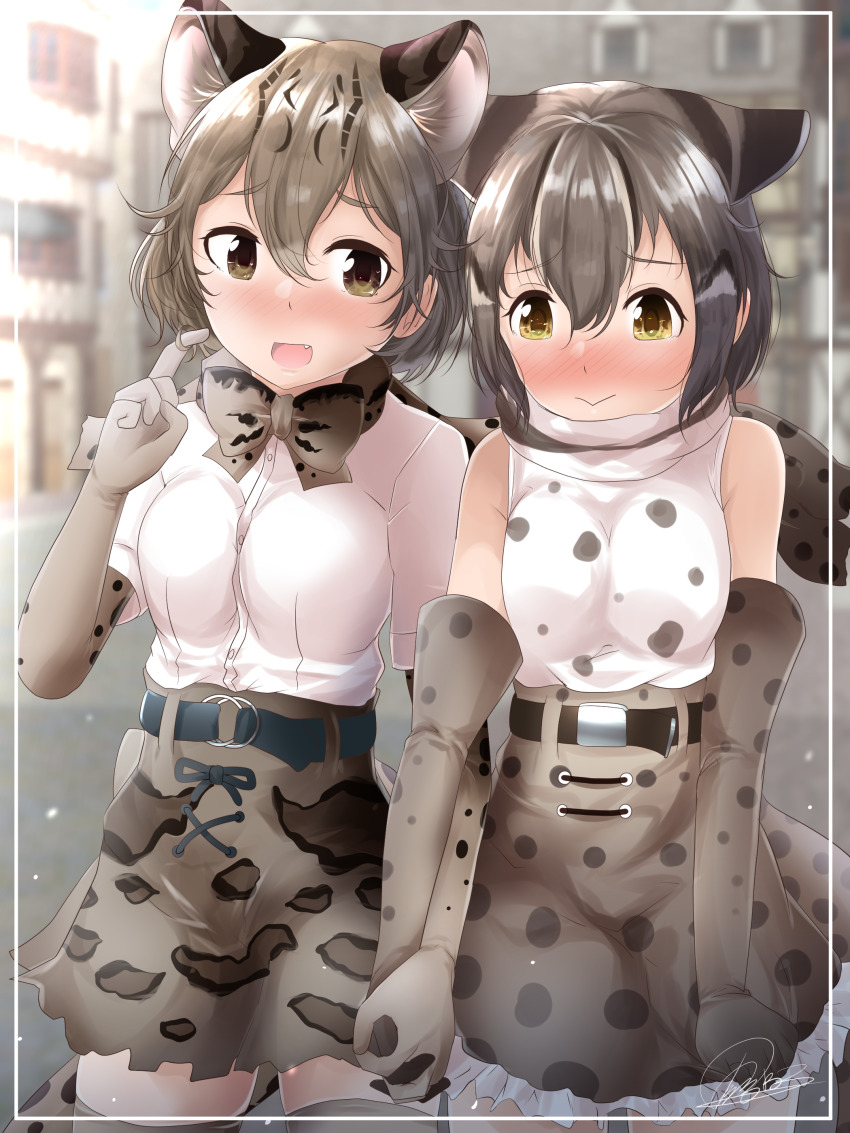 2girls :&gt; :d absurdres amemiya_neru animal_ear_fluff animal_ears bare_shoulders blurry blurry_background blush bow bowtie breasts cat_ears elbow_gloves extra_ears fang gloves grey_hair hair_between_eyes highres holding_hands interlocked_fingers iriomote_cat_(kemono_friends) kemono_friends marbled_cat_(kemono_friends) medium_breasts multiple_girls nose_blush open_mouth outdoors print_gloves print_neckwear print_skirt shirt short_hair short_sleeves signature skirt smile thighhighs twirling_hair white_shirt yellow_eyes yuri
