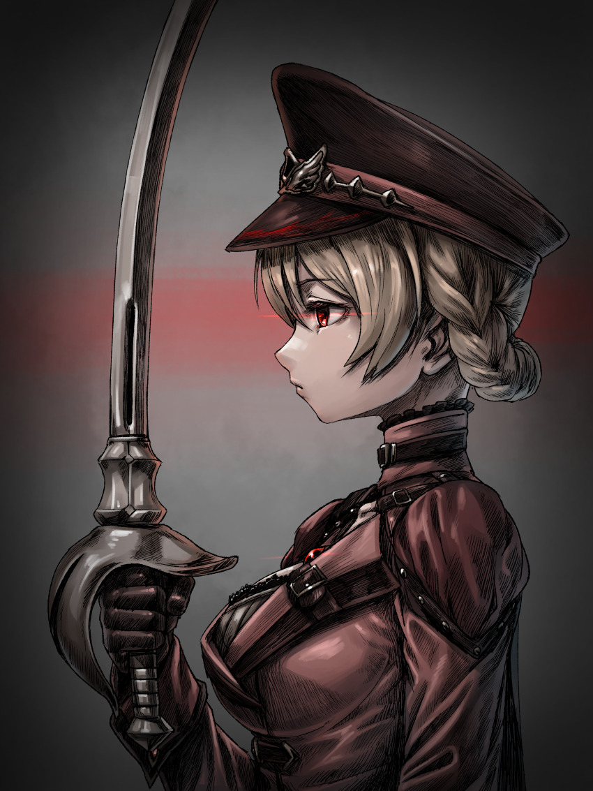 1girl absurdres braid brown_hair closed_mouth commentary english_commentary expressionless from_side grey_background hat highres hold111 holding holding_sword holding_weapon idol_heroes_(idolmaster) idolmaster idolmaster_million_live! idolmaster_million_live!_theater_days long_sleeves looking_ahead military_hat military_uniform peaked_cap profile red_eyes sakuramori_kaori solo sword updo upper_body weapon