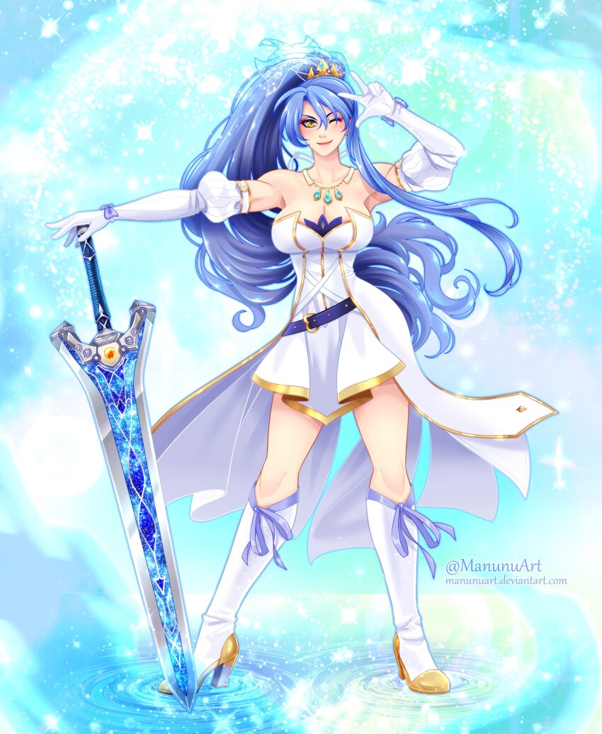 1girl absurdres blue_hair boots breasts cleavage commentary commission crown detached_sleeves deviantart_username eiyuu_densetsu elbow_gloves english_commentary floating_hair full_body gloves hair_between_eyes high_heel_boots high_heels highres huge_weapon jewelry large_breasts laura_s._arseid long_hair long_sleeves looking_at_viewer magical_girl manu-chann necklace one_eye_closed parted_bangs planted planted_sword planted_weapon puffy_long_sleeves puffy_sleeves purple_eyes sen_no_kiseki_(series) skirt smile solo standing sword twitter_username v wavy_hair weapon white_gloves