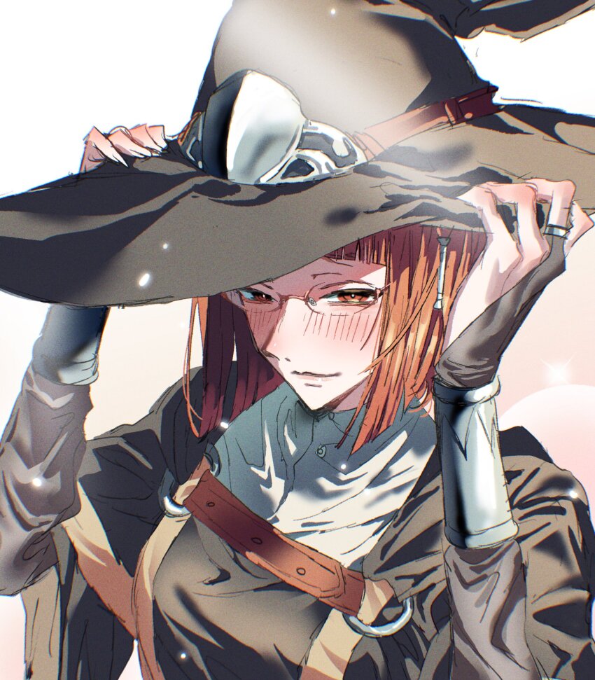 1girl adjusting_clothes adjusting_headwear black_hat breasts bridal_gauntlets brown_eyes brown_hair fire_emblem fire_emblem_awakening glasses hat highres medium_breasts miriel_(fire_emblem) nintendo pointy_hat short_hair solo tsujii_luki upper_body witch_hat