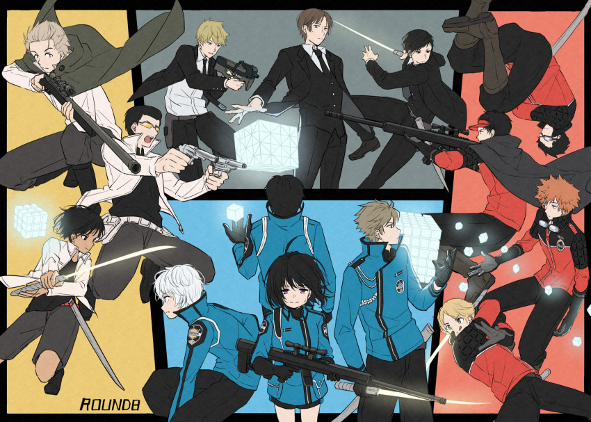 2girls 6+boys :q aiguillette aiming amatori_chika arm_at_side arm_behind_back back-to-back black_border black_footwear black_gloves black_hair black_necktie black_pants black_shirt black_shorts black_vest blonde_hair blue_background blue_eyes blue_jacket boots border brown_hair cape closed_mouth clothes_lift collared_shirt cube dark-skinned_female dark_skin dress_shirt dual_wielding emblem english_text facing_away fighting_stance floating floating_hair floating_object formal_clothes frown gloves glowing goggles goggles_around_neck green_cape grey_background grey_cape grey_pants grey_shorts gun hand_up handgun highres holding holding_gun holding_sword holding_weapon holster hyuse ikoma_tatsuhito inukai_sumiharu jacket jacket_lift jumping knee_boots kuga_yuuma kuro_n314 light_brown_hair long_sleeves looking_afar looking_at_viewer looking_away mikumo_osamu minamisawa_kai mizukami_satoshi_(world_trigger) multiple_boys multiple_girls necktie nervous ninomiya_masataka obishima_yukari oki_kouji on_one_knee open_mouth orange_hair outside_border outstretched_arms pants pants_tucked_in pocket popped_collar profile purple_eyes red_background red_headwear red_jacket rifle shirt shoes short_hair shorts smile sniper_rifle spoilers standing suit sweat sword tongue tongue_out tonooka_kazuto tsuji_shinnosuke uniform upside-down vest visor_cap weapon white_hair white_jacket white_shirt world_trigger yellow_background yuba_takuma