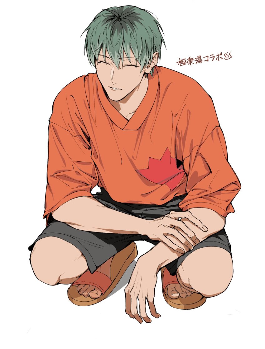 1boy arm_rest black_shorts closed_eyes closed_mouth full_body green_hair hand_on_own_arm highres hypnosis_mic kamachiri male_focus nurude_sasara orange_shirt shirt short_hair short_sleeves shorts simple_background slippers solo squatting white_background