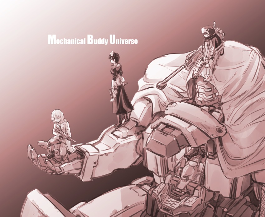 3girls android apron blau_(mechanical_buddy_universe) cape cloak coat commentary diva_duo_(mechanical_buddy_universe) dual_wielding gun hair_between_eyes handgun hawk_(mechanical_buddy_universe) hawkeyes_(mechanical_buddy_universe) highres holding holding_gun holding_weapon hood hooded_cape hooded_cloak hooded_coat jukebox_(mechanical_buddy_universe) kato_takuji kneeling long_skirt long_sleeves maid maid_apron maid_headdress mechanical_buddy_universe monochrome multiple_girls neck_ribbon overcoat pistol power_suit ribbon rifle science_fiction sepia short_hair shu_(mechanical_buddy_universe) skirt sniper_rifle submachine_gun weapon
