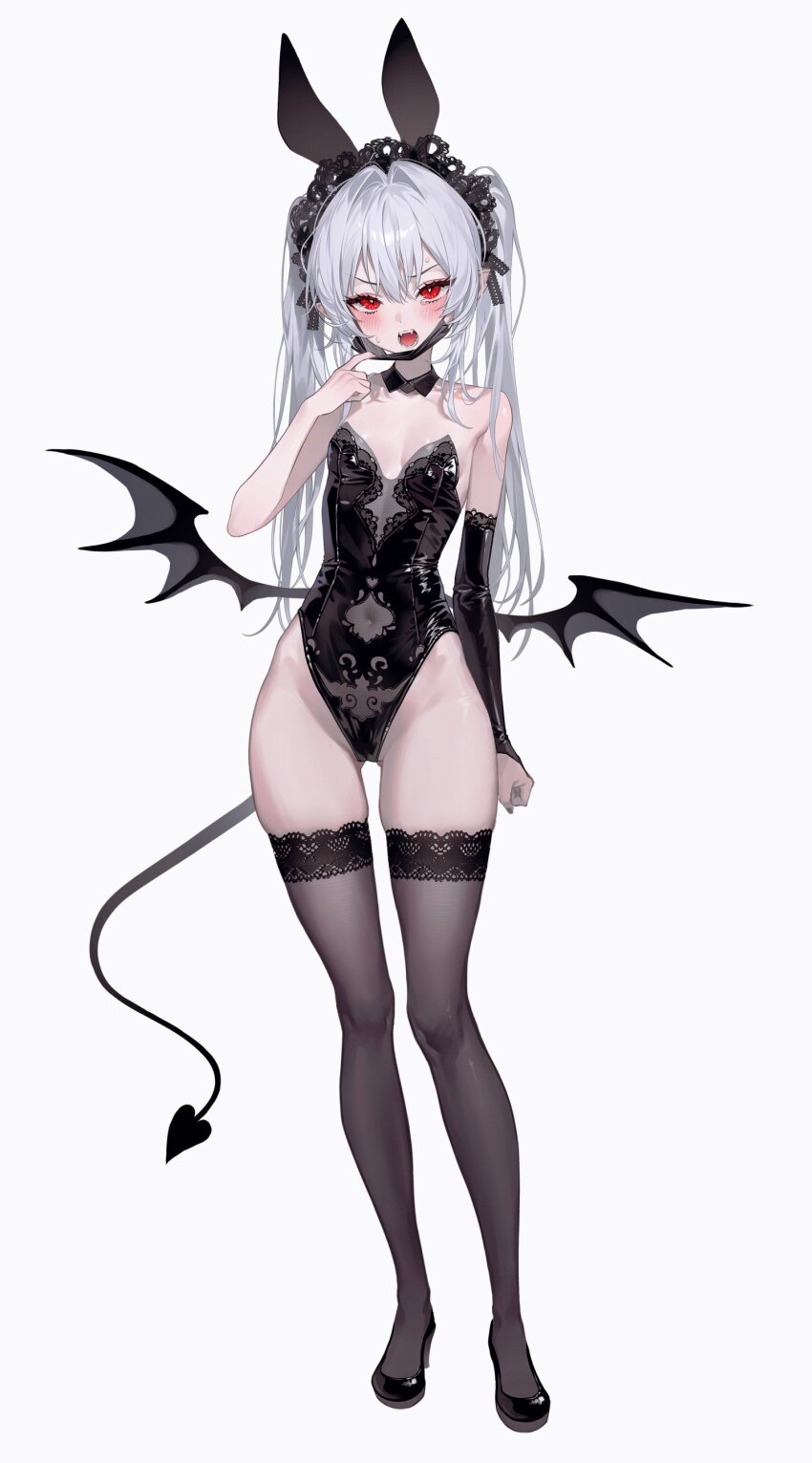 1girl absurdres animal_ears black_footwear black_leotard black_mask black_thighhighs blush breasts covered_navel demon_tail demon_wings detached_collar elbow_gloves fake_animal_ears fangs full_body fymrie gloves grey_hair highleg highleg_leotard highres lace lace-trimmed_thighhighs lace_trim leotard long_hair looking_at_viewer mask mask_pull mouth_mask open_mouth original playboy_bunny pointy_ears rabbit_ears red_eyes see-through_clothes see-through_cutout simple_background single_glove leotard small_breasts solo standing sweat tachi-e tail thighhighs twintails white_background wings