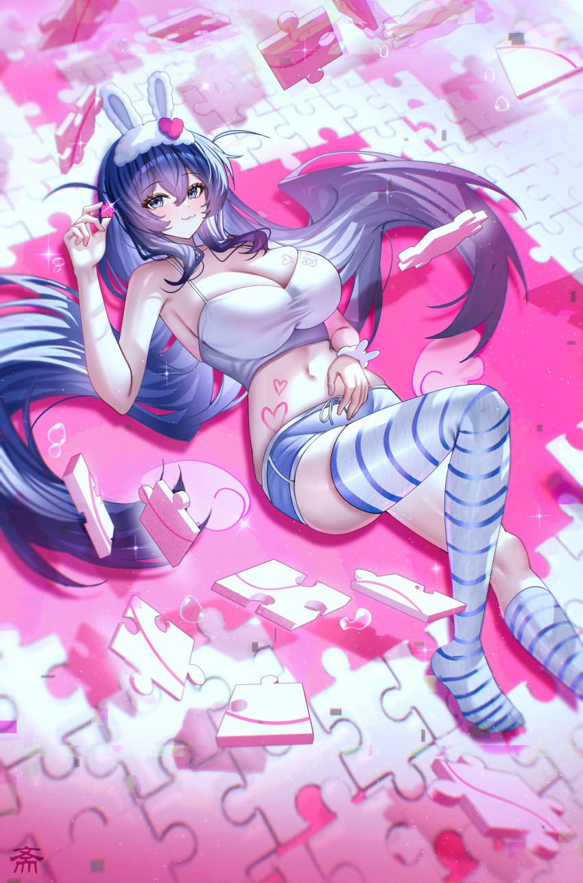 1girl :3 absurdres alternate_costume animal_ears azur_lane bare_arms bare_shoulders blue_eyes blue_hair blue_shorts blush breasts cleavage closed_mouth fake_animal_ears full_body highres holding large_breasts long_hair lying navel new_jersey_(azur_lane) on_back puzzle puzzle_piece rabbit_ears shirt short_shorts shorts sleeveless sleeveless_shirt smile solo stomach striped_clothes striped_thighhighs tansuan_(ensj3875) thighhighs thighs white_shirt