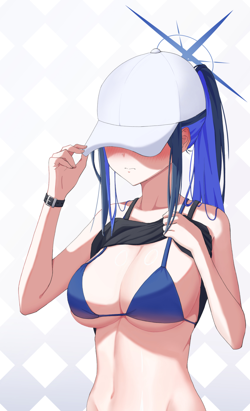 1girl absurdres argyle_background arm_up bare_shoulders baseball_cap bikini black_camisole black_hair blue_archive blue_bikini blue_hair blunt_bangs blush breasts camisole camisole_lift cleavage closed_mouth clothes_lift collarbone colored_inner_hair commentary covering_own_eyes embarrassed groin halo hand_on_headwear hat highres large_breasts lifting_own_clothes long_hair multicolored_hair navel no_mask official_alternate_costume ponytail saori_(blue_archive) saori_(swimsuit)_(blue_archive) senkuma777 sleeveless solo standing stomach swimsuit upper_body white_hat wristband