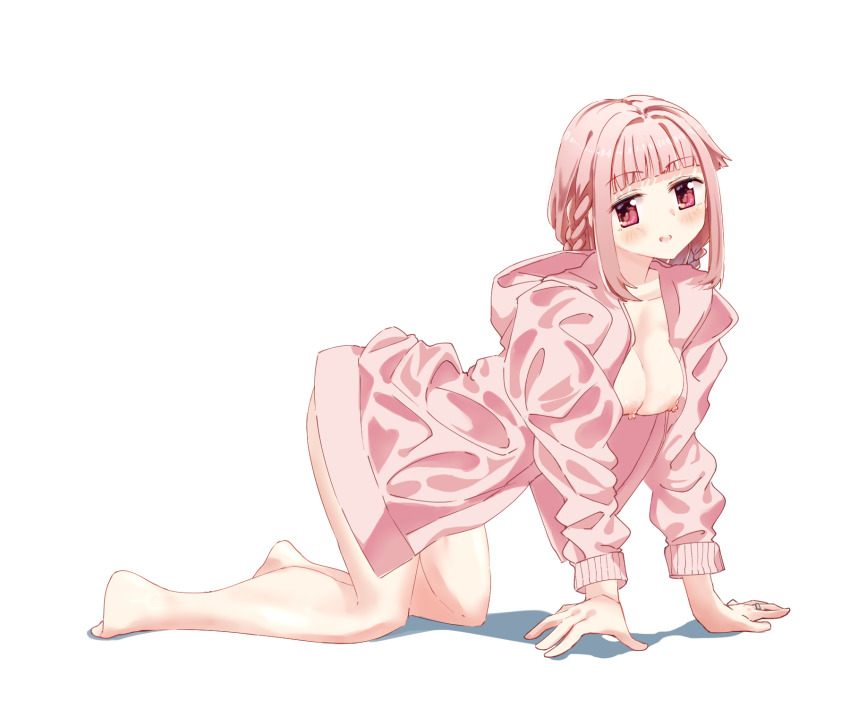 1girl all_fours blunt_bangs blush bottomless braid breasts highres hood hoodie kure7753 long_hair long_sleeves looking_at_viewer magia_record:_mahou_shoujo_madoka_magica_gaiden mahou_shoujo_madoka_magica medium_breasts naked_hoodie nude open_clothes open_mouth pink_eyes pink_hair sidelocks simple_background smile solo tamaki_iroha white_background