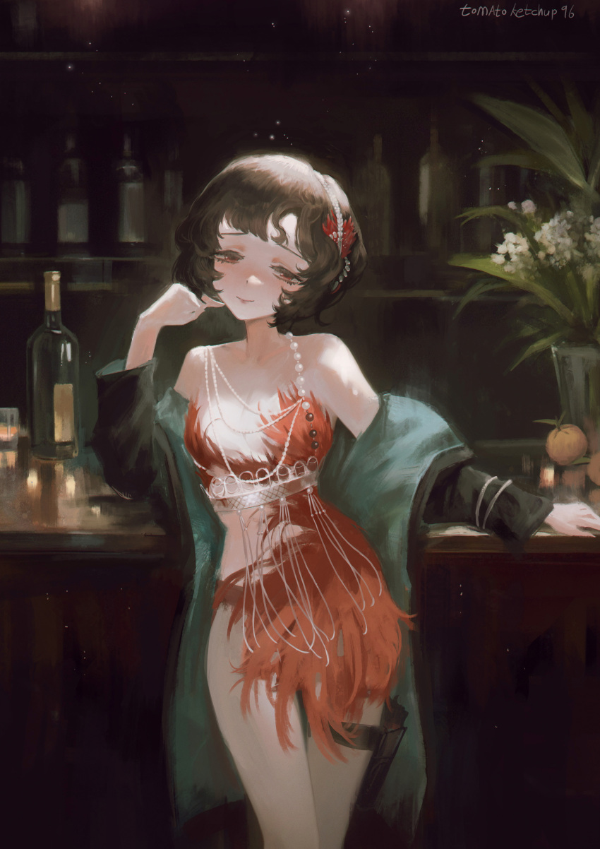 1girl absurdres bar_(place) bare_shoulders black_hair blunt_bangs blurry blurry_background blush bottle breasts closed_mouth coat collarbone commentary cowboy_shot dot_nose dress english_commentary feathers flower food fruit green_coat hairband hand_in_own_hair highres holster indoors jewelry light_particles looking_down midriff necklace open_clothes open_coat orange_(fruit) panties pearl_necklace plant red_dress red_eyes reverse:1999 schneider_(reverse:1999) short_hair small_breasts smile solo standing thigh_holster thighs tomatoketchup96 twitter_username underwear