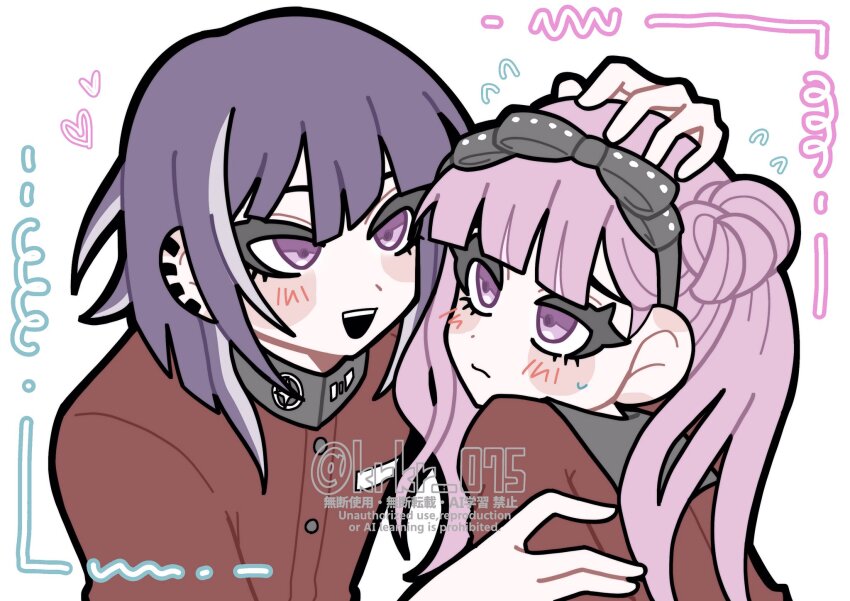 1boy 1girl blush brother_and_sister closed_mouth ear_piercing earrings hair_between_eyes hand_on_another&#039;s_head highres jewelry long_hair matching_hair/eyes open_mouth piercing pink_eyes pink_hair purple_hair red_shirt shirt siblings sweat sweatdrop the_hundred_line_-last_defense_academy- tsukumo_ima tsukumo_kako twins twintails