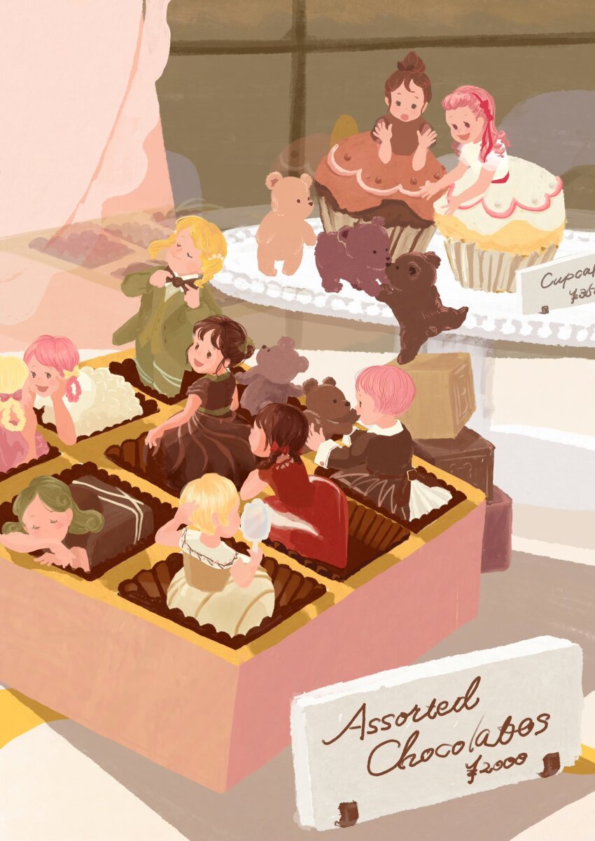 6+girls :d adjusting_bowtie black_bow black_bowtie black_hair blonde_hair bow bowtie box box_of_chocolates braid braided_hair_rings cupcake curly_hair dress english_text food formal_clothes green_hair green_suit hair_bun hair_rings hand_mirror highres holding holding_mirror holding_stuffed_toy mikami_ayuko mini_person minigirl mirror multiple_girls open_mouth original pink_hair price short_hair smile solid_circle_eyes stuffed_animal stuffed_toy suit teddy_bear twin_braids