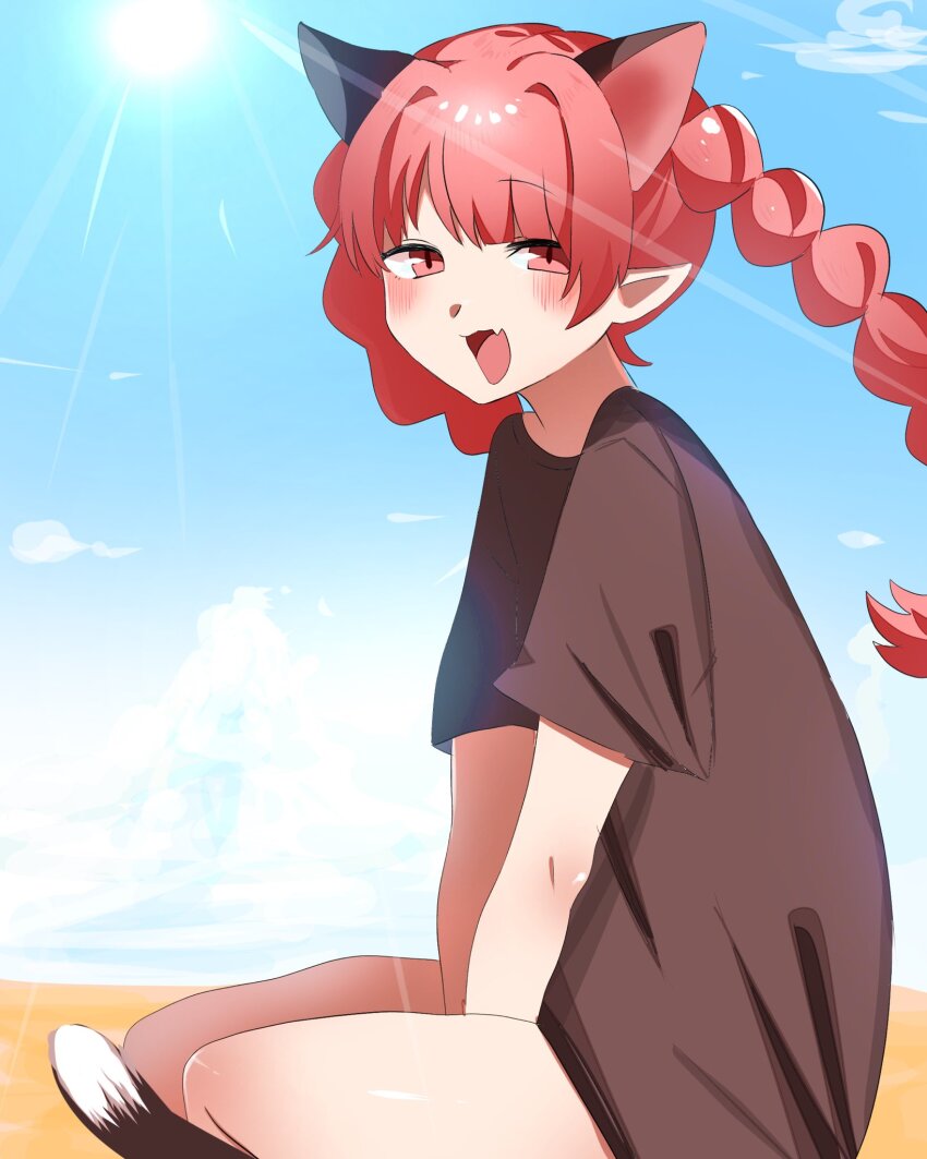1girl alternate_costume animal_ears black_shirt blue_sky braid casual cat_ears cat_girl cat_tail cloud extra_ears fang hair_intakes highres kaenbyou_rin kashiwara_mana long_hair looking_at_viewer open_mouth outdoors pointy_ears red_hair shirt short_sleeves side_braids sky solo sun tail touhou twin_braids