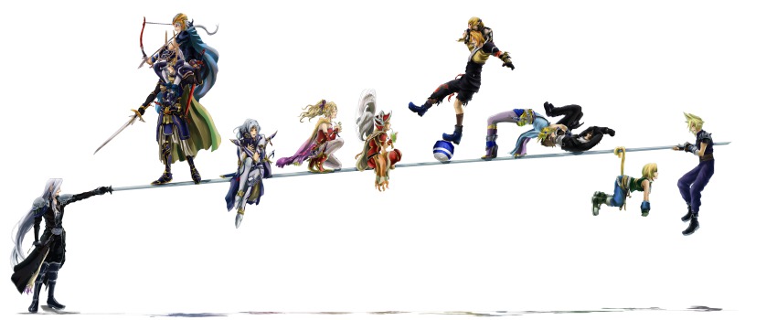 00s 1980s_(style) 1990s_(style) 2girls 6+boys absurdres arrow_(projectile) ball blitzball bow_(weapon) bartz_klauser cecil_harvey cloud_strife dissidia_final_fantasy drink final_fantasy final_fantasy_i final_fantasy_ii final_fantasy_iii final_fantasy_iv final_fantasy_ix final_fantasy_v final_fantasy_vi final_fantasy_vii final_fantasy_viii final_fantasy_x final_fantasy_xi firion german_suplex golbez hanging highres huge_weapon katana long_hair multiple_boys multiple_girls niboshi514 oldschool onion_knight pantyhose retro_artstyle sephiroth shadow shantotto squall_leonhart suplex sword tail tarutaru tears tidus tina_branford very_long_hair warrior_of_light_(ff1) weapon zidane_tribal
