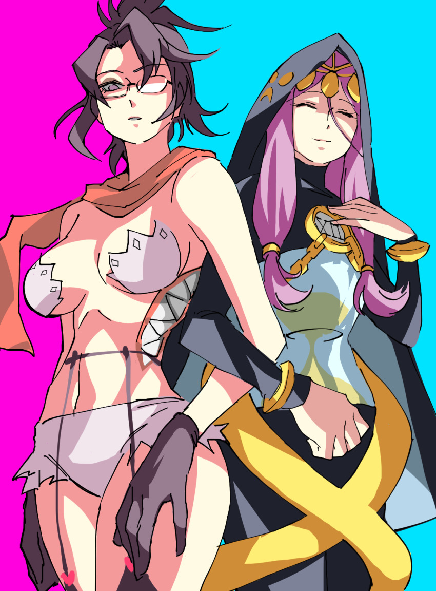 2girls aeon_(skullgirls) blue_background bracelet brown_hair cowboy_shot extra_mouth closed_eyes folded_ponytail from_below garter_straps glasses gloves hand_up highres hood hourglass jewelry lingerie locked_arms looking_at_viewer looking_down multiple_girls parted_lips pasties pink_background pink_hair sand scarf shrug_(clothing) siblings sisters skullgirls smile thighhighs tiara twintails two-tone_background underwear ungly venus_(skullgirls)