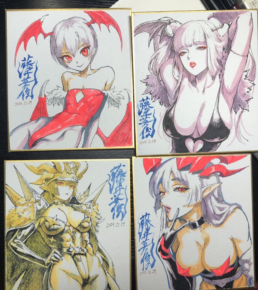 4girls artist_name blunt_bangs breasts character_request commentary_request darkstalkers fujii_eishun habaki_(fujii_eishun) highres horns leotard lilith_(darkstalkers) morrigan_aensland multiple_girls original pointy_ears red_eyes shikishi strapless strapless_leotard traditional_media upper_body