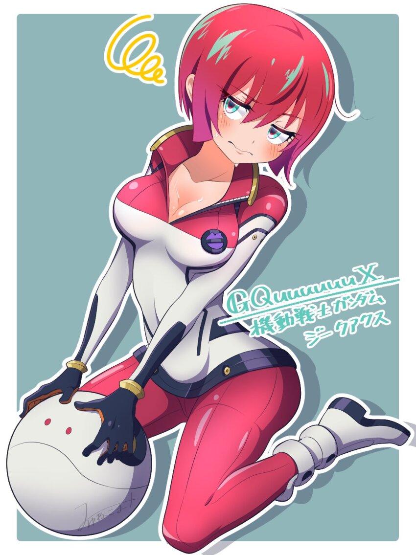 1girl amate_yuzuriha annoyed aqua_eyes ass blush bodysuit breasts closed_mouth gundam gundam_gquuuuuux haro highres holding mecha_pilot_suit multicolored_bodysuit myu_myu_sun normal_suit_(gundam) red_hair robot short_hair sitting sweatdrop wariza