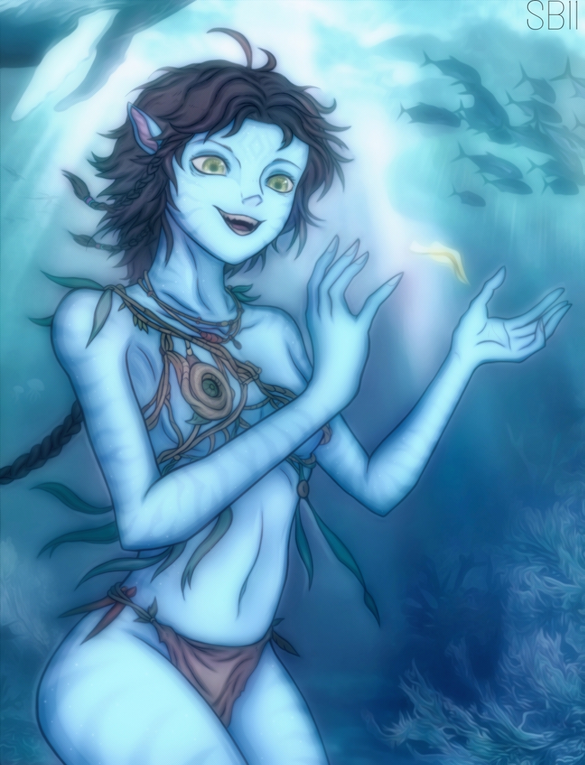 1girl alien animal_ears avatar:_the_way_of_water blue_skin breasts brown_hair colored_skin fish highres james_cameron&#039;s_avatar james_cameron&#039;s_avatar kiri_(avatar) medium_breasts na&#039;vi sheepblack11 tribal underwater water yellow_eyes