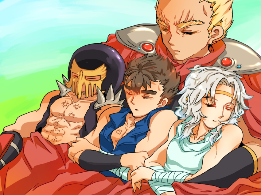 4boys armband blonde_hair brothers brown_hair cape circlet eyebrows closed_eyes facial_hair helmet hokuto_no_ken jacket jagi kenshiro knee_pads long_hair lying lying_on_person male_focus multiple_boys muscular raoh raoh_(hokuto_no_ken) red_cape scar shion_(kokorozashi_on_momo_neko) short_hair shoulder_pads siblings sleeping spikes thick_eyebrows toki_(hokuto_no_ken) white_hair