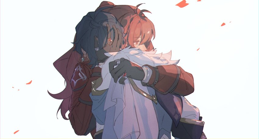 2boys absurdres aji_11300913 black_gloves blue_hair capelet commentary_request diluc_(genshin_impact) diluc_(red_dead_of_night)_(genshin_impact) earrings fur-trimmed_capelet fur_trim genshin_impact gloves highres hug jacket jewelry kaeya_(genshin_impact) long_hair looking_to_the_side male_focus multiple_boys multiple_rings official_alternate_costume ponytail red_eyes red_hair red_jacket ring shirt simple_background tears upper_body white_background white_shirt