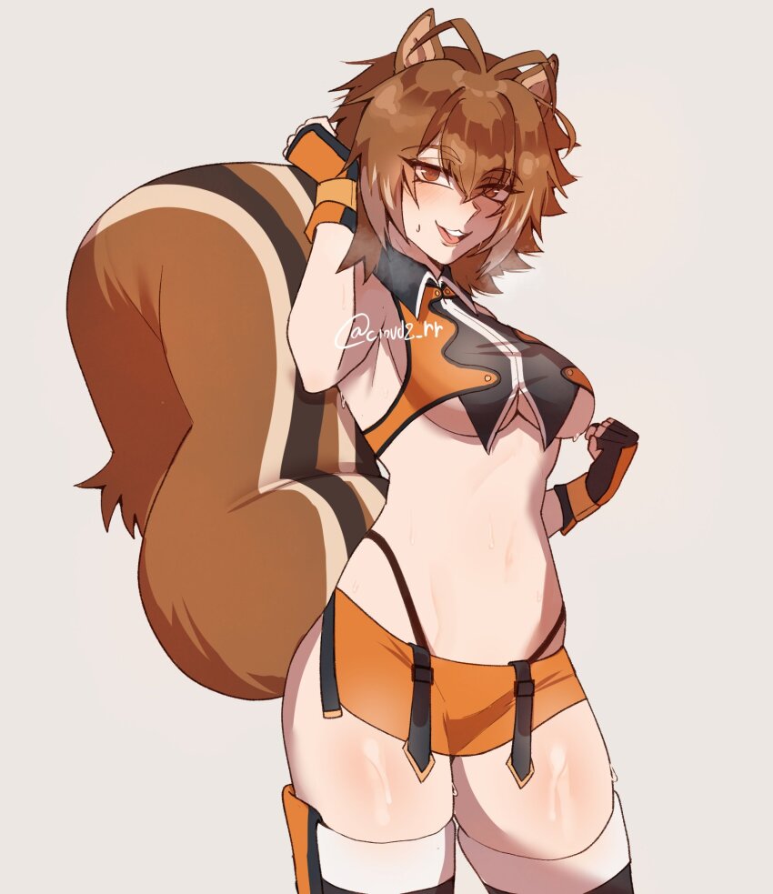 1girl animal_ears blazblue blush breasts brown_hair brown_tail cloud8_rr cowboy_shot cropped_vest grey_background highres large_breasts makoto_nanaya miniskirt open_mouth orange_skirt orange_vest simple_background skirt solo squirrel_ears squirrel_girl squirrel_tail tail teeth underboob upper_teeth_only vest