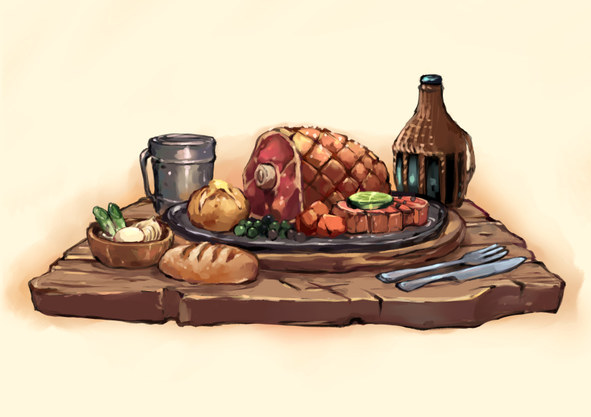 absurdres baked_potato bottle bowl bread carrot_slice food food_focus fork fruit ham hasegawa_(morebeer) highres knife lime_(fruit) lime_slice loaf meat no_humans onion original peas potato still_life table vegetable wooden_table