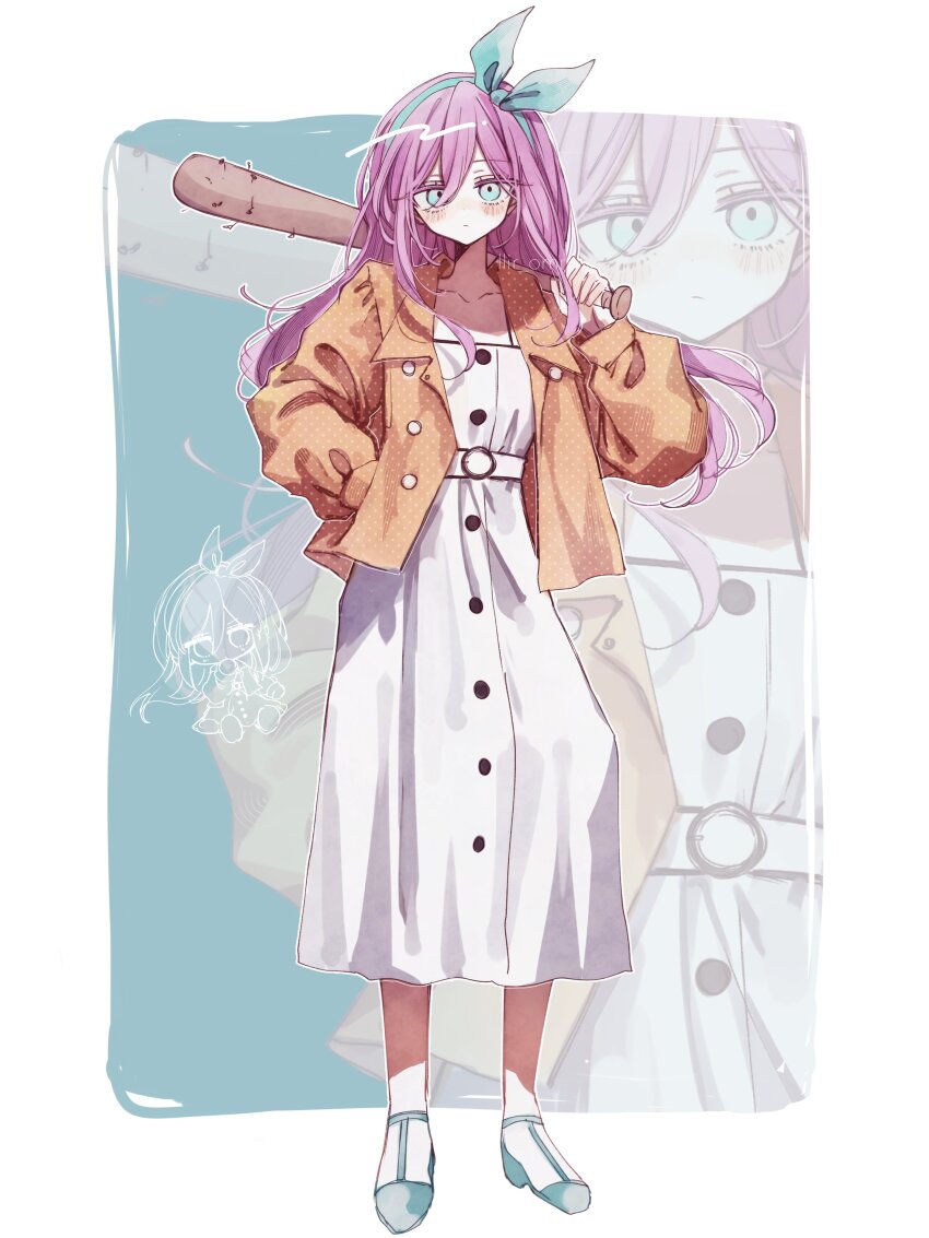 1girl absurdres alternate_costume aubrey_(faraway)_(omori) aubrey_(omori) baseball_bat blue_eyes blush closed_mouth coat collarbone full_body hanabata0320 highres holding holding_baseball_bat long_sleeves looking_at_viewer nail nail_(hardware) nail_bat omori orange_coat pink_hair solo