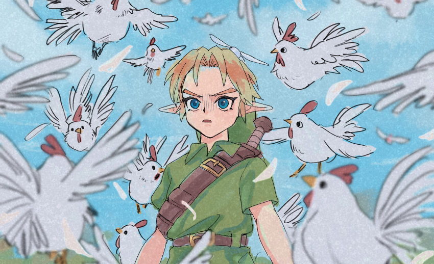 1boy belt belt_buckle bird blonde_hair blue_eyes brown_belt buckle chicken collared_shirt commentary_request cucco green_hat green_tunic hat highres kokiri_sword link nintendo parted_lips peril pointy_ears shirt short_hair shoulder_belt solo sword sword_on_back the_legend_of_zelda the_legend_of_zelda:_ocarina_of_time tunic upper_body weapon weapon_on_back yamori_(yamoooon21) young_link