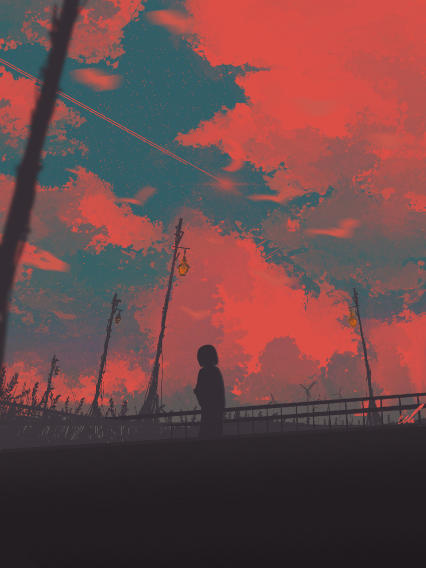 1girl cloud cloudy_sky commentary contrail dark ele_artworks english_commentary highres lamppost original outdoors red_clouds scenery short_hair signature silhouette sky solo star_(sky) starry_sky sunset wind_turbine windmill