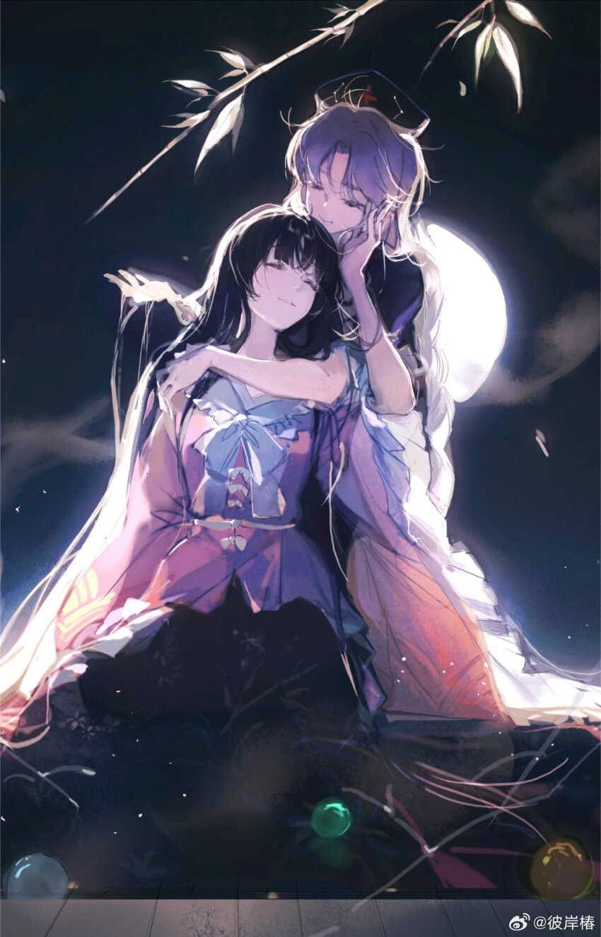 2girls ^_^ absurdly_long_hair black_hair black_sky chinese_commentary closed_eyes commentary_request frilled_sleeves frills grin gu_yue_yuan hand_on_another&#039;s_cheek hand_on_another&#039;s_face hat highres holding_another&#039;s_hair houraisan_kaguya hug hug_from_behind long_hair long_sleeves moon multiple_girls night night_sky nurse_cap pink_shirt shirt skirt sky smile touhou very_long_hair watermark weibo_watermark white_hair wide_sleeves yagokoro_eirin yuri