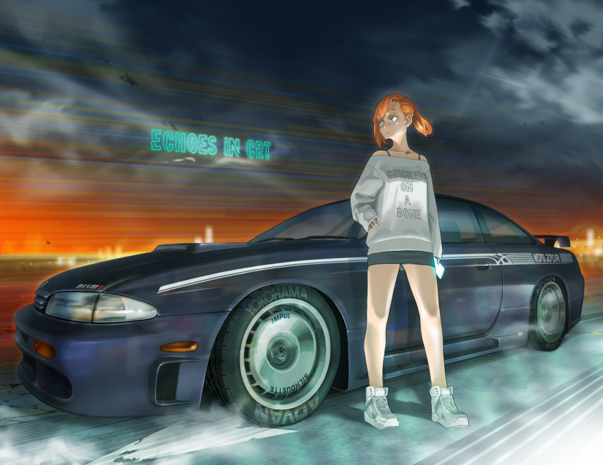 1girl blue_eyes car cellphone cloud evening full_body grey_skirt holding holding_phone jettoburikku motor_vehicle nismo nissan nissan_silvia nissan_silvia_s14 orange_hair original phone ponytail skirt smartphone solo spoiler_(automobile) standing sweater white_footwear white_sweater