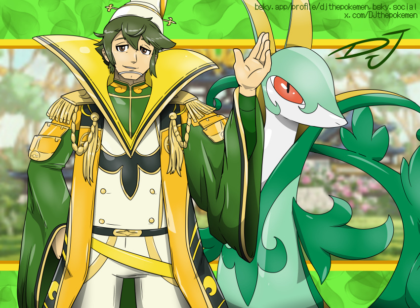 arm_up brown_eyes gen_5_pokemon green_hair hat high_collar inkbooba japanese_clothes mouri_motonari pokemon pokemon_conquest serperior tassel
