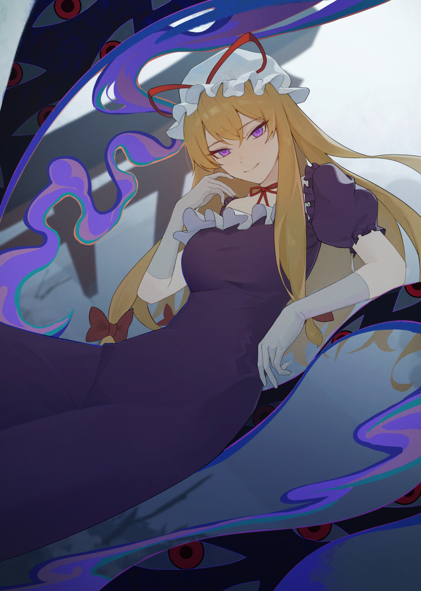 1girl absurdres blonde_hair breasts choker dress elbow_gloves frills gap_(touhou) gloves hair_between_eyes hat highres large_breasts light_smile long_hair looking_at_viewer mob_cap palulap purple_dress purple_eyes ribbon_choker short_sleeves solo touhou white_gloves yakumo_yukari