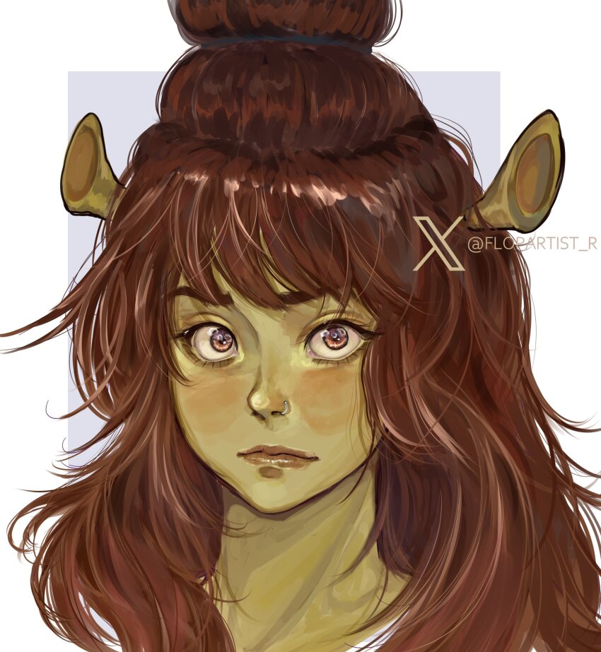 1girl artist_name brown_eyes brown_hair colored_skin felicia_(shrek) flopartist_r green_skin highres long_hair looking_at_viewer nose_piercing nose_ring ogre piercing portrait shrek_(series) shrek_5 simple_background solo twitter_username twitter_x_logo