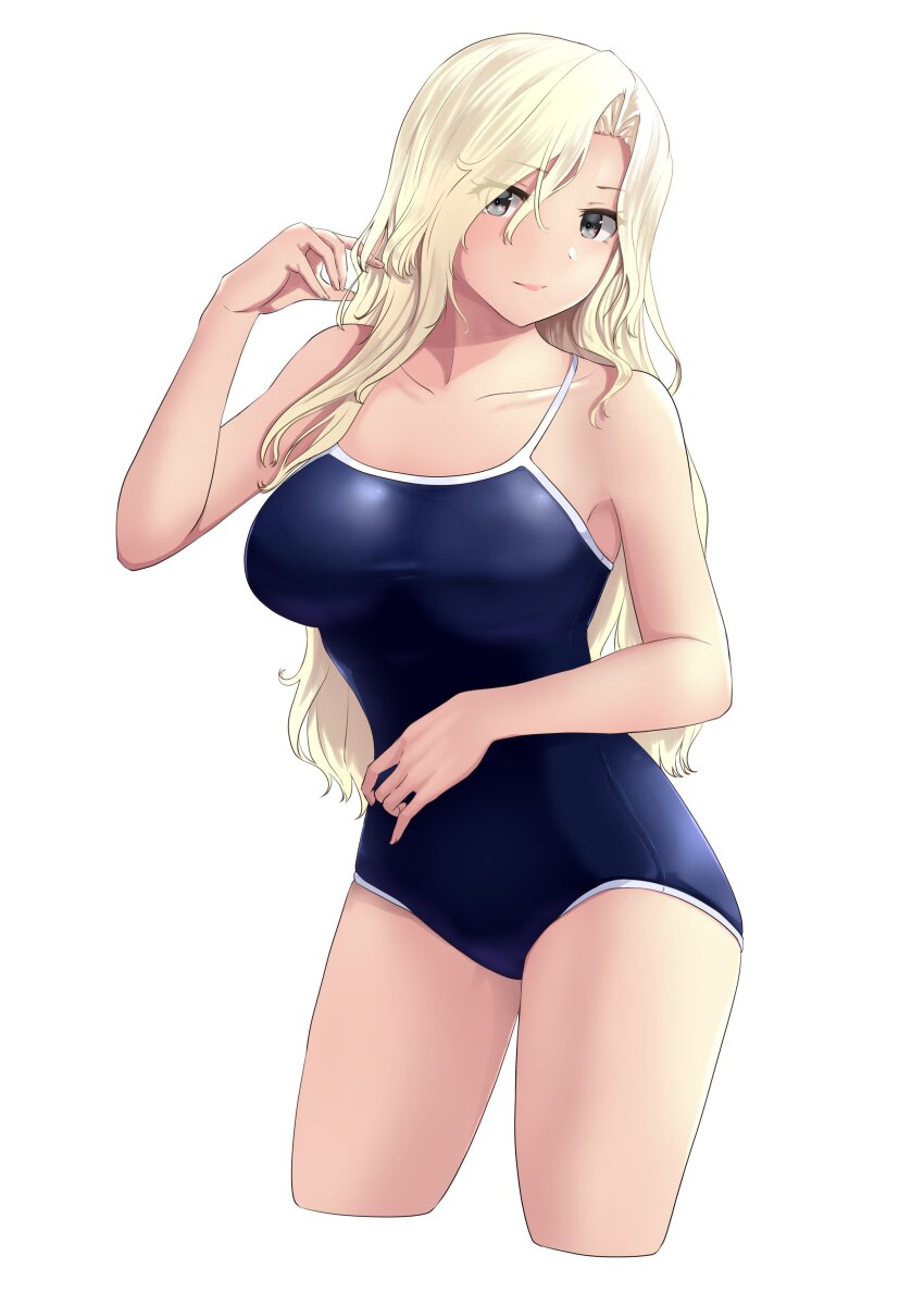1girl absurdres blonde_hair blue_one-piece_swimsuit blush breasts collarbone competition_school_swimsuit covered_navel grey_eyes highres hornet_(kancolle) jouzaburou_(joe3) kantai_collection large_breasts long_hair looking_at_viewer one-piece_swimsuit school_swimsuit smile solo swimsuit upper_body white_background