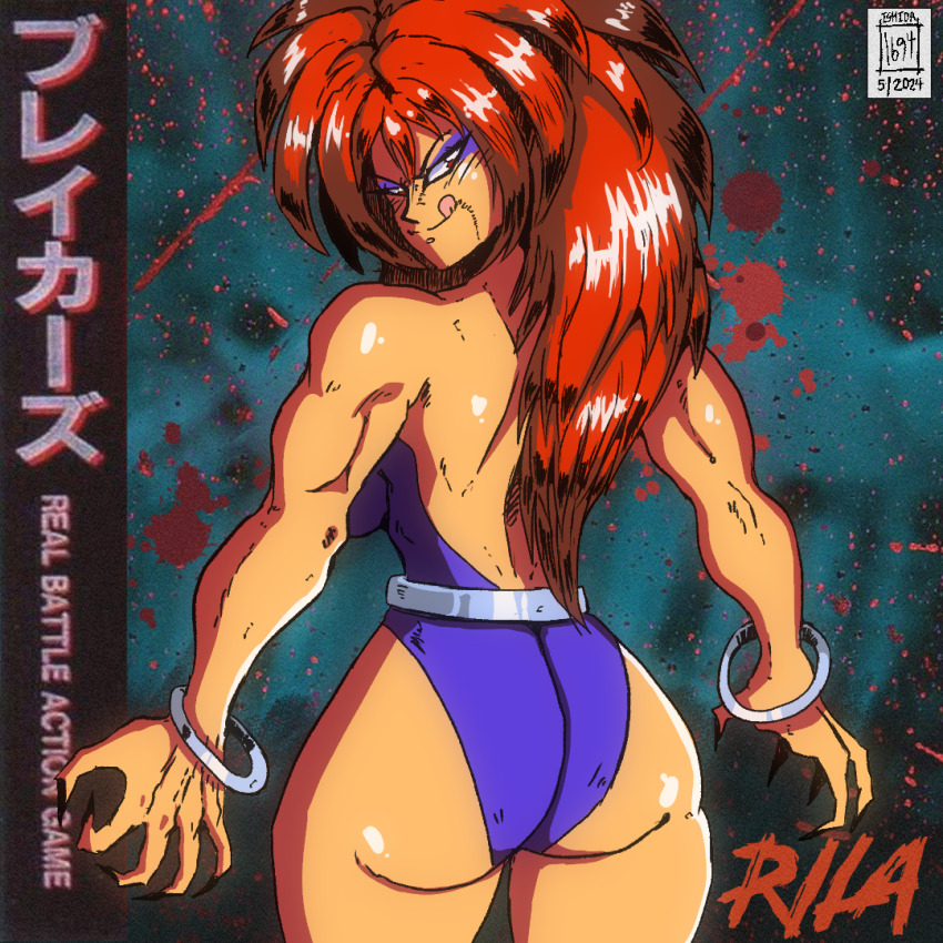 1girl amazon ass ass_focus blood blood_on_wall blood_splatter bracelet breakers claws huge_ass jewelry leotard looking_at_viewer muscular muscular_arms muscular_female red_eyes red_hair rila_estancia thick_thighs thighs tongue wild_hair