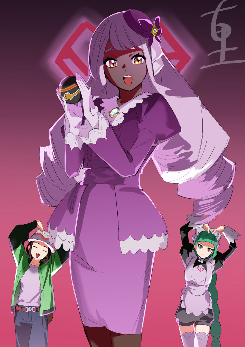 3girls :d absurdres apron belt brown_belt commentary_request dark-skinned_female dark_skin dress eyelashes fccrcrvim924172 gloves green_hair green_jacket hands_up harmony_(pokemon) hat highres holding holding_poke_ball jacinthe_(pokemon) jacket lebanne_(pokemon) long_hair luxury_ball multiple_girls nintendo open_clothes open_jacket open_mouth pants poke_ball pokemon pokemon_legends:_z-a purple_dress shirt smile teeth thighhighs tongue twintails upper_teeth_only yellow_eyes