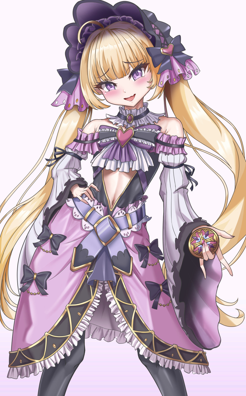 1boy ahoge artist_request bare_shoulders belt blonde_hair blush bow bowtie chest_jewel crossdressing detached_sleeves elf grin hair_ornament hand_on_own_hip headdress heart heart_hair_ornament heart_ornament long_hair looking_at_viewer male_focus midriff_peek nail_polish navel necktie object_in_hand open_mouth pink_nails pink_skirt pointy_ears princess_connect! purple_eyes simple_background skirt smile thighhighs trap twintails white_background yuki_(princess_connect!)