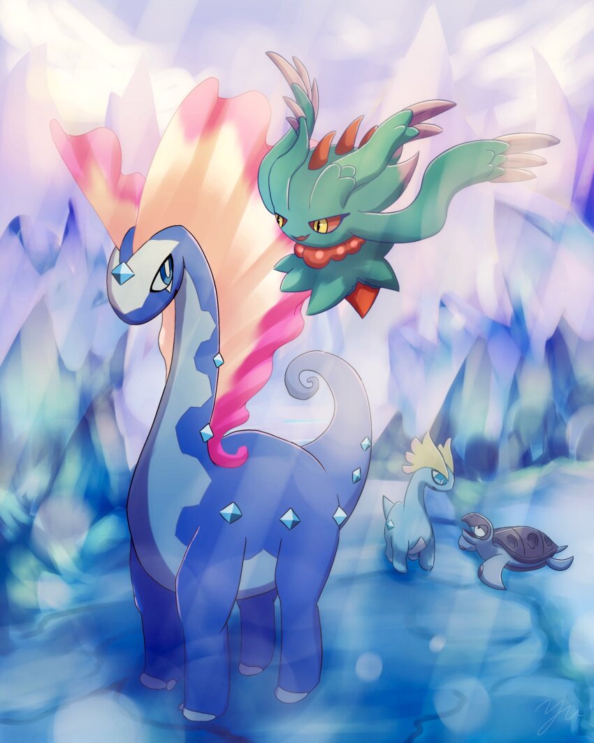 absurdres amaura animal_focus aurorus blue_eyes blue_skin colored_sclera colored_skin commentary_request dinosaur floating flutter_mane gen_5_pokemon gen_6_pokemon highres ice nintendo no_humans pokemon pokemon_(creature) red_sclera slit_pupils tail tirtouga turtle yellow_eyes yu_(pocketsun636)