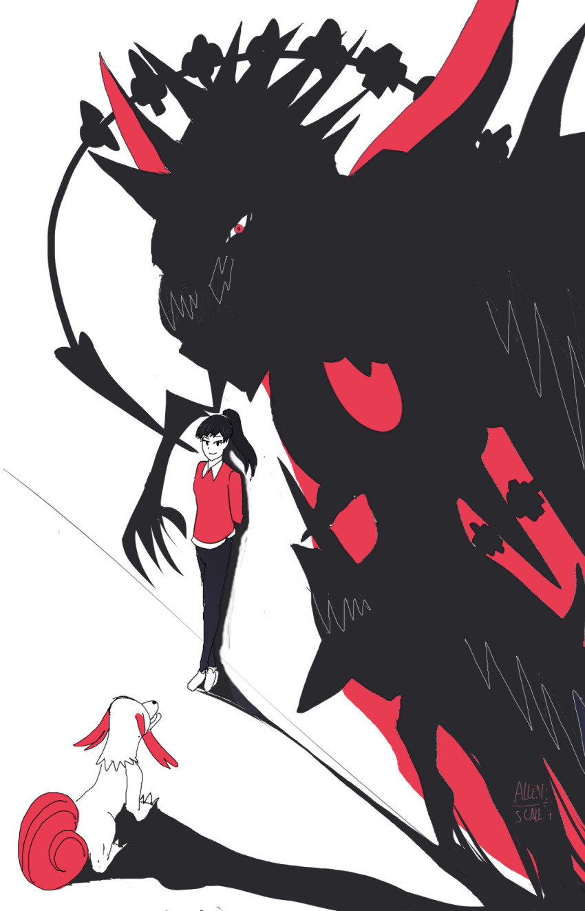 black_hair digimon digimon_survive dog highres labramon long_hair plutomon shadow shibuya_aoi