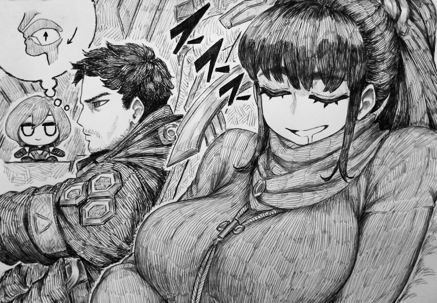 1boy 2girls absurdres adam_(stellar_blade) black_hair blunt_bangs breasts chibi chronozbergh closed_eyes drooling eve_(stellar_blade) highres large_breasts lily_(stellar_blade) long_hair long_sleeves made_in_2024 meme mewing_(meme) multiple_girls ponytail sleeping stellar_blade sweater traditional_media turtleneck turtleneck_sweater upper_body