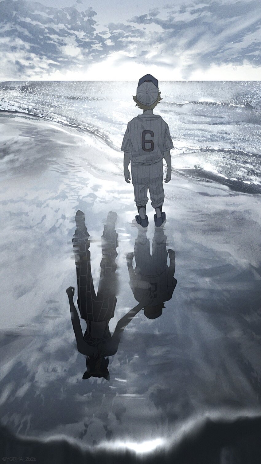 1boy 1girl baseball_cap baseball_uniform character_request cloud cloudy_sky commentary emporio_alnino facing_away from_behind full_body hat highres jojo_no_kimyou_na_bouken kuujou_jolyne ocean outdoors pants reflection shirt short_hair short_sleeves sky sportswear standing stone_ocean white_headwear white_pants white_shirt wide_shot yorha_2b2
