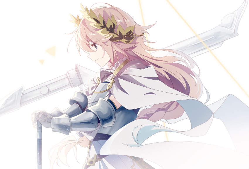 1girl absurdres armor blonde_hair blue_eyes breastplate cape from_side gauntlets hands_on_hilt highres laurel_crown lilya_(reverse:1999) lilya_(the_art_of_destreza)_(reverse:1999) long_hair looking_ahead mechanical_broom meeeeei planted planted_sword planted_weapon profile reverse:1999 smile solo sword upper_body weapon white_background white_cape