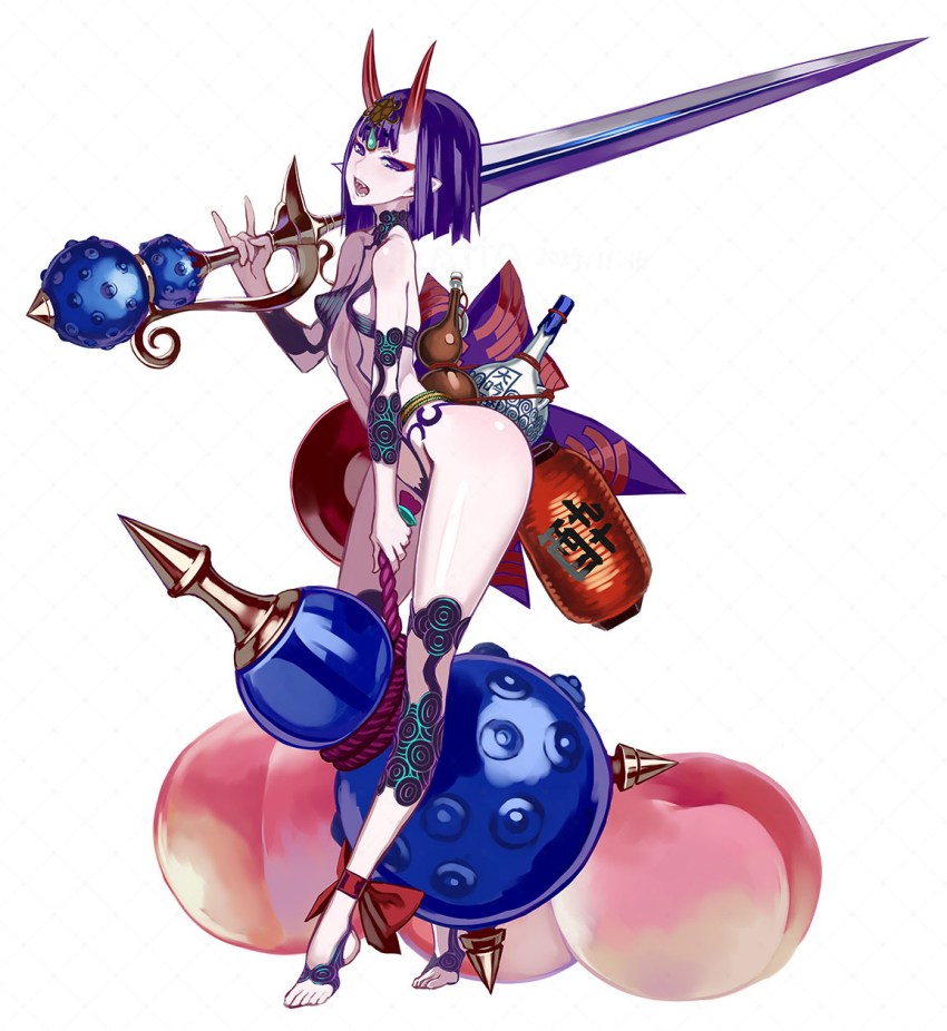 1girl \n/ ankle_ribbon bare_shoulders barefoot barefoot_sandals_(jewelry) blunt_bangs blush bob_cut bottle breasts collarbone cup eyeliner fangs fate/grand_order fate_(series) feet food fruit full_body gourd headpiece highres honjou_raita horns japanese_clothes kimono lantern leg_ribbon legs looking_at_viewer makeup oni open_mouth over_shoulder paper_lantern peach pointy_ears purple_eyes purple_hair purple_kimono red_ribbon revealing_clothes ribbon sakazuki sake_bottle short_eyebrows short_hair shuten_douji_(fate) simple_background skin-covered_horns small_breasts smile solo standing sword sword_over_shoulder tiptoes weapon weapon_over_shoulder white_background