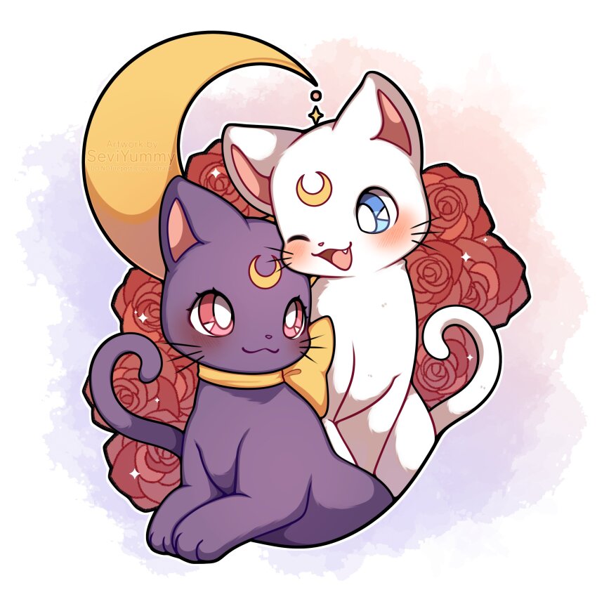 absurdres animal_focus artemis_(sailor_moon) bishoujo_senshi_sailor_moon blue_eyes blush bow bright_pupils cat commentary crescent english_commentary facial_mark flower forehead_mark highres luna_(sailor_moon) moon no_humans pink_eyes ribbon rose sevi_(seviyummy) smile white_pupils